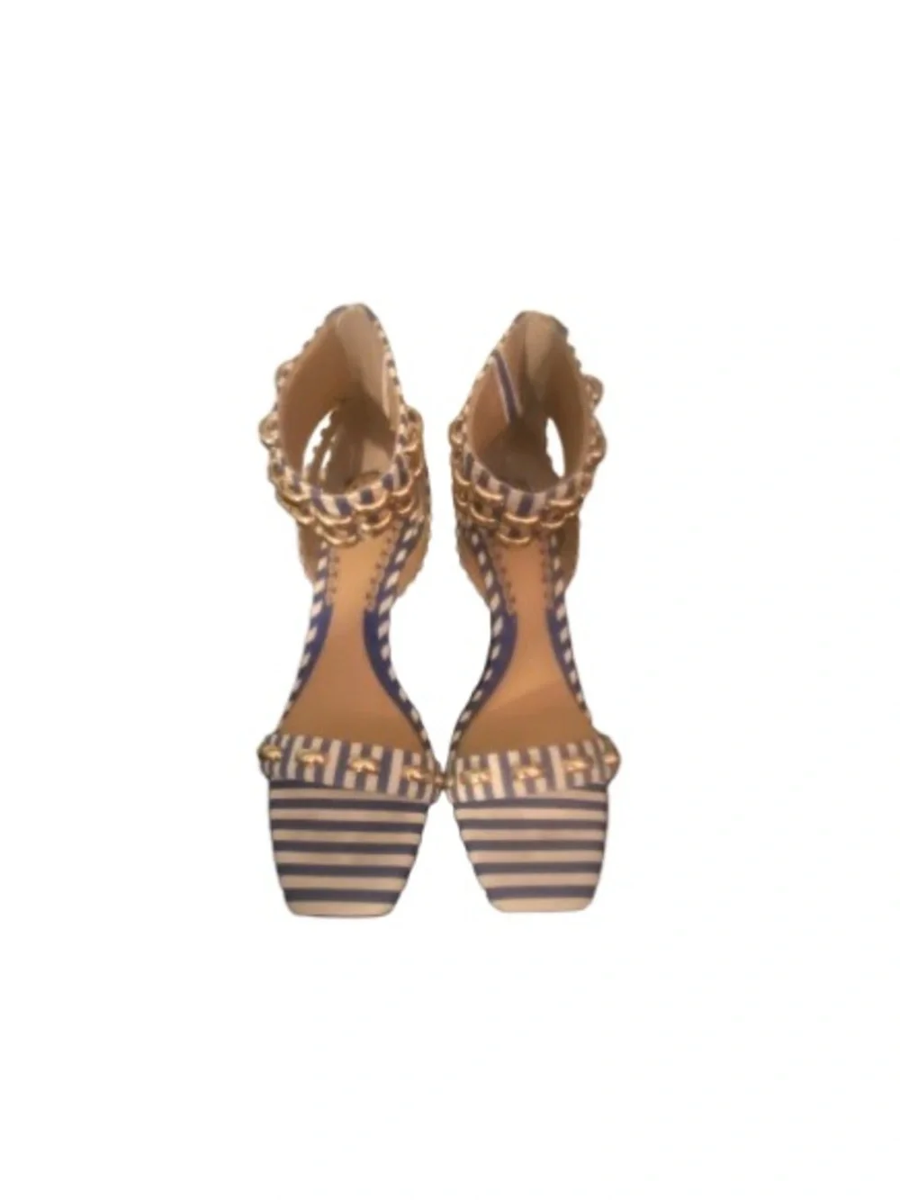 Striped Ankle-Strap High Heel Sandals in Blue and Cream